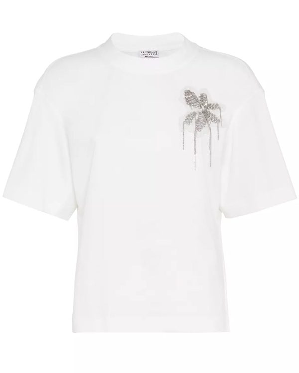 White Jersey Monili Flower Embellished T-Shirt Fashion