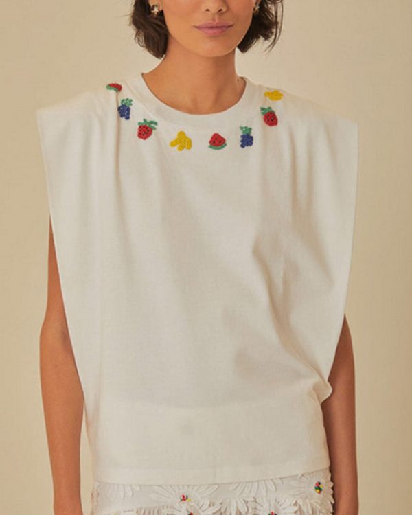 White Beaded Fruit Embellished T-Shirt on Sale