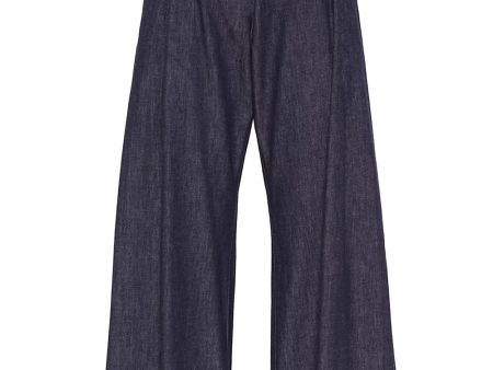 Blue Denim Elastic Waist Wide Leg Pant For Discount