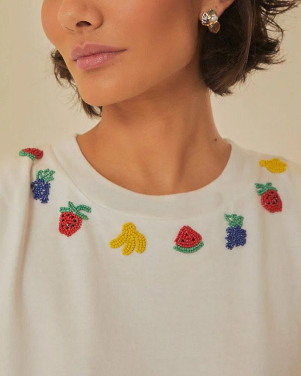 White Beaded Fruit Embellished T-Shirt on Sale