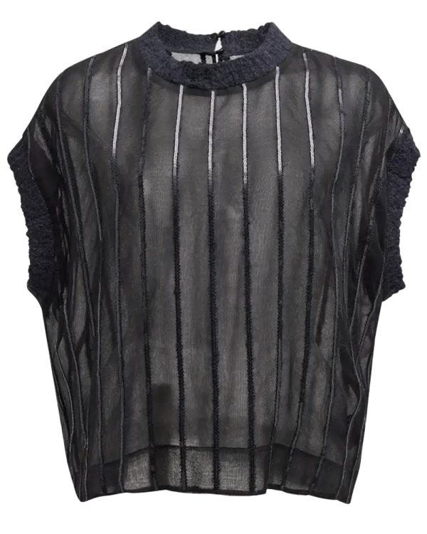 Black Sequin Stripe Chiffon Blouse Hot on Sale