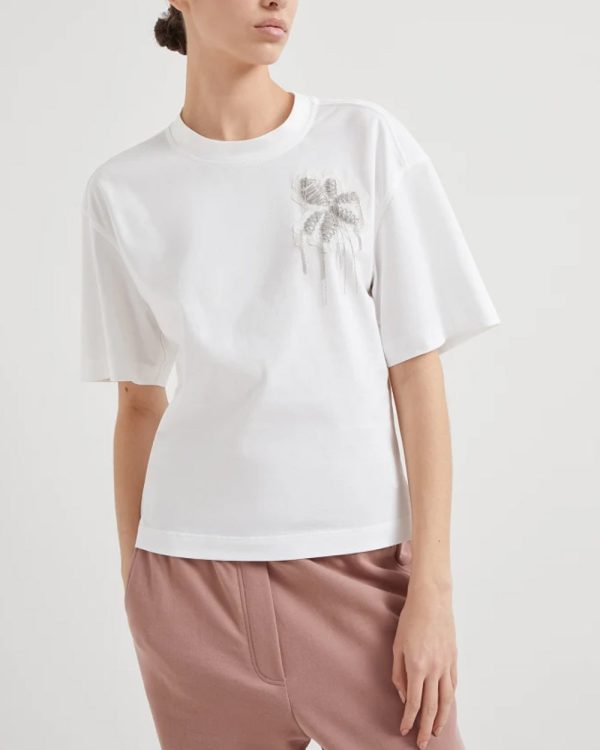 White Jersey Monili Flower Embellished T-Shirt Fashion