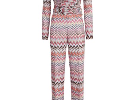 White and Pink Zigzag Long Sleeve Jumpsuit Hot on Sale