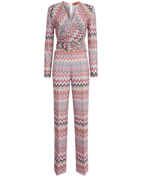 White and Pink Zigzag Long Sleeve Jumpsuit Hot on Sale