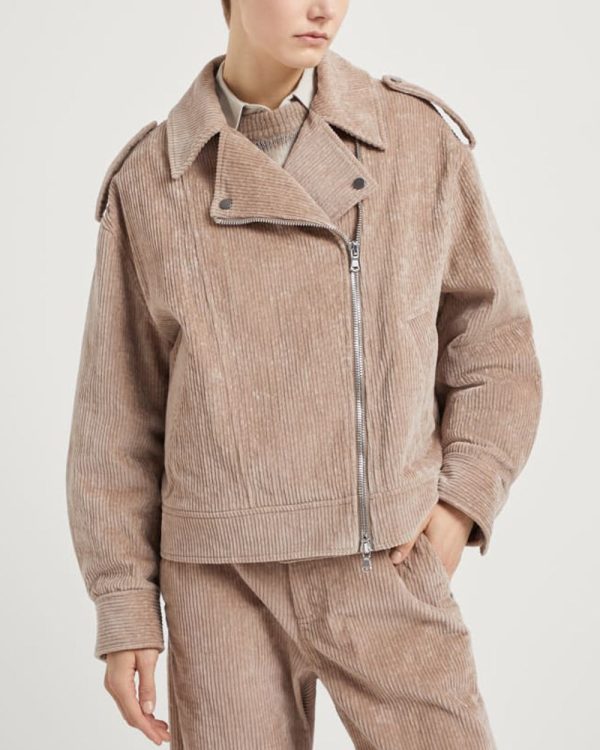 Warm Beige Suede Corduroy Moto Jacket on Sale