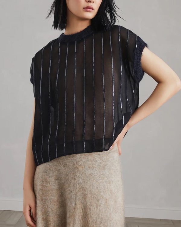 Black Sequin Stripe Chiffon Blouse Hot on Sale