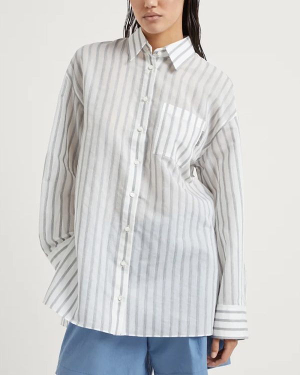 White and Grey Wide Stripe Gauze Button Up Blouse Discount