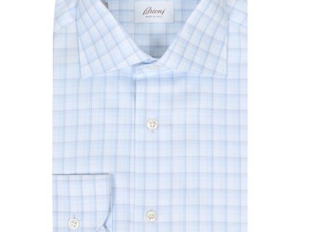 White and Sky Blue Twill Check Dress Shirt Online now