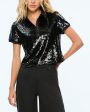 Black Sequin Kit Crop Polo For Cheap