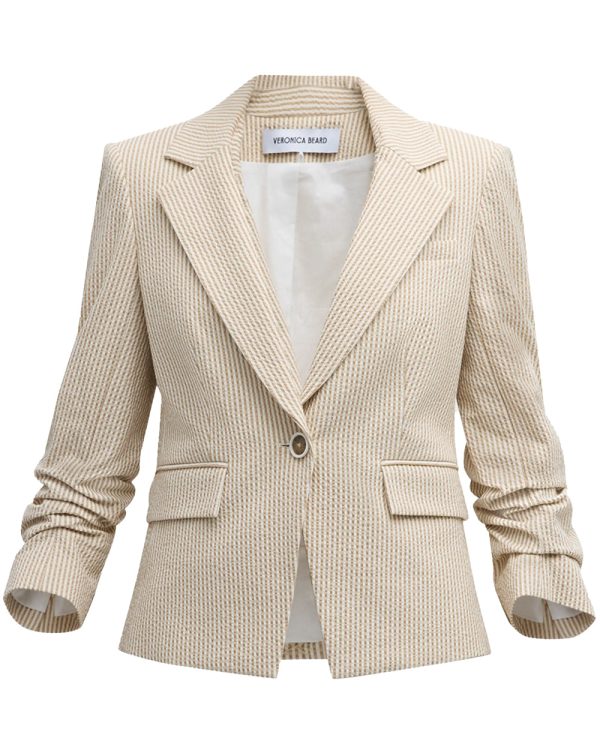 White and Khaki Seersucker Aaliyah Dickey Jacket Online Hot Sale