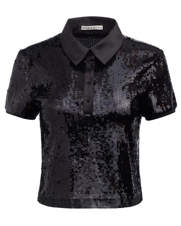 Black Sequin Kit Crop Polo For Cheap