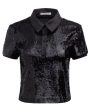 Black Sequin Kit Crop Polo For Cheap