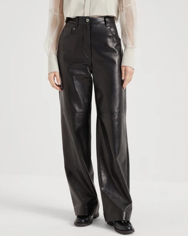 Black Smooth Leather Straight Pant Online Hot Sale