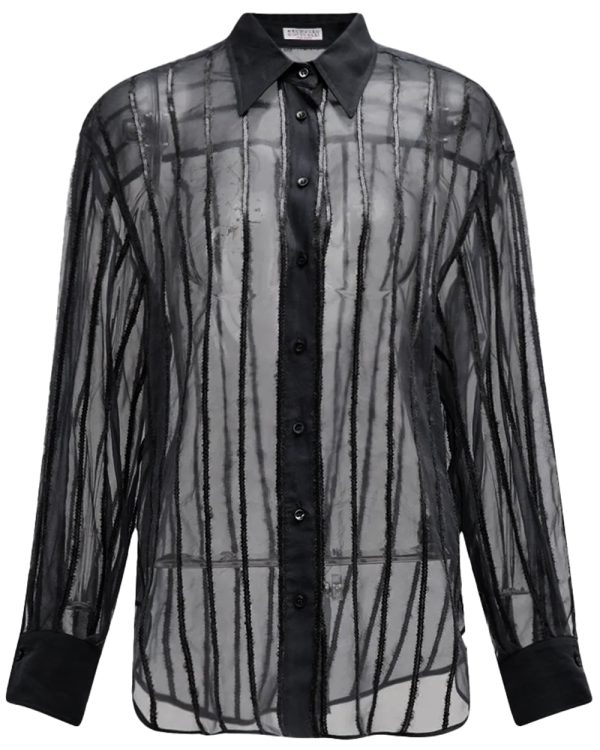 Black Sequin Stripe Chiffon Button Up Shirt For Cheap