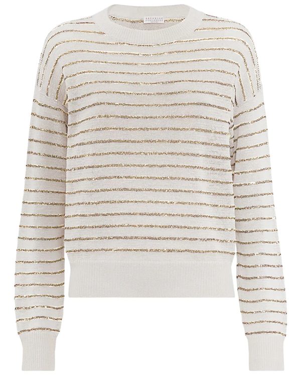 White and Beige Paillette Stripe Sweater Fashion