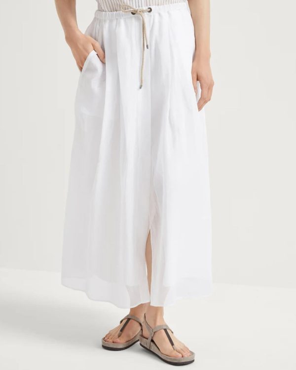 White Gauze Drawstring Midi Skirt Fashion