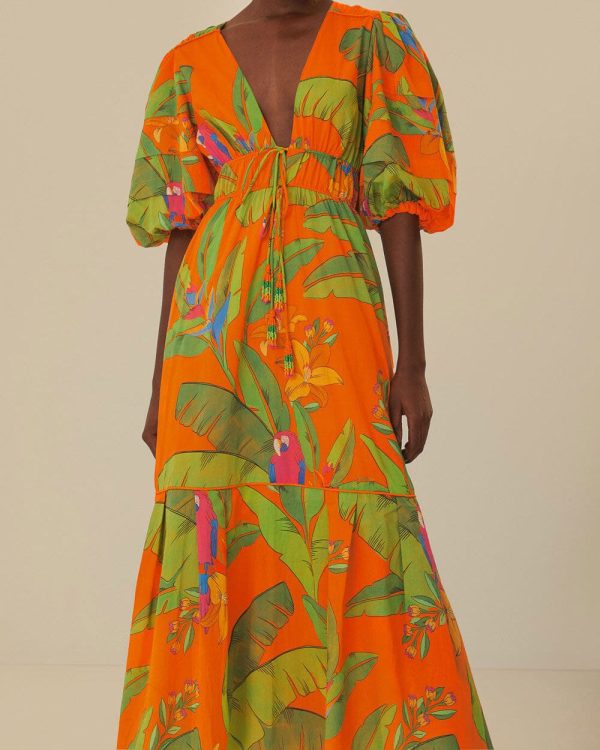 Orange Fresh Macaws Midi Dress For Cheap