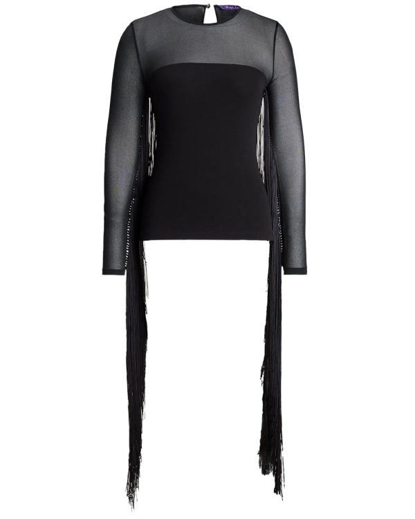 Black Jersey Fringe Blouse Hot on Sale