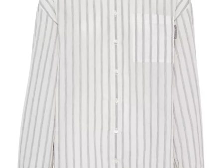 White and Grey Wide Stripe Gauze Button Up Blouse Discount