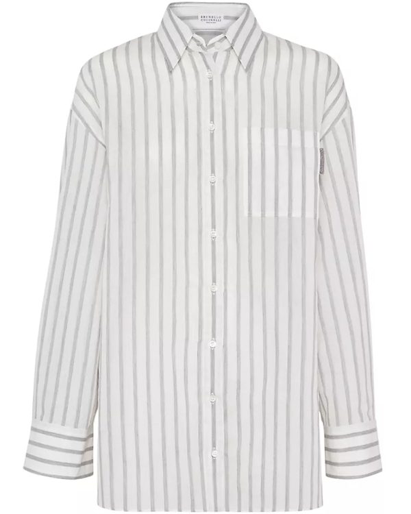 White and Grey Wide Stripe Gauze Button Up Blouse Discount