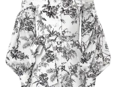 White Botanical Toile Puff Sleeve Shirt Dress Online Hot Sale