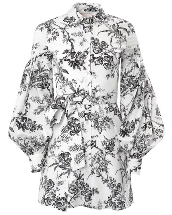 White Botanical Toile Puff Sleeve Shirt Dress Online Hot Sale