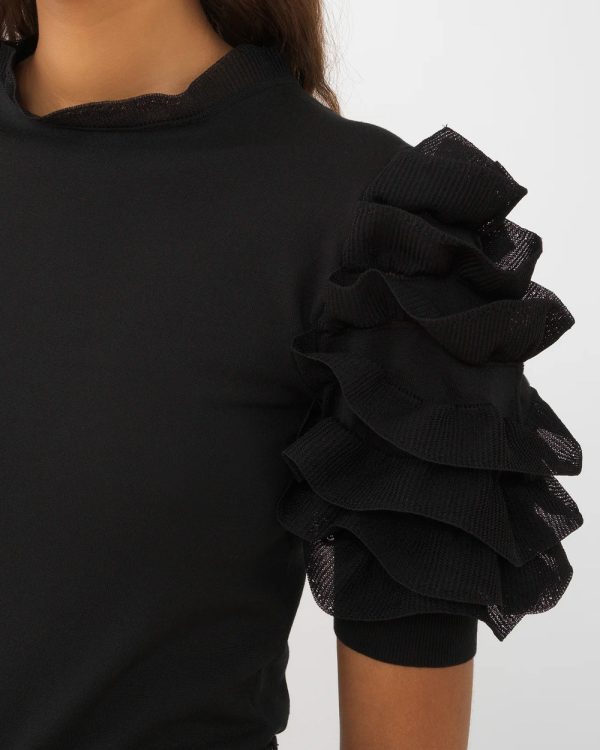 Black Short Sleeve Ruffle Knit Top Hot on Sale