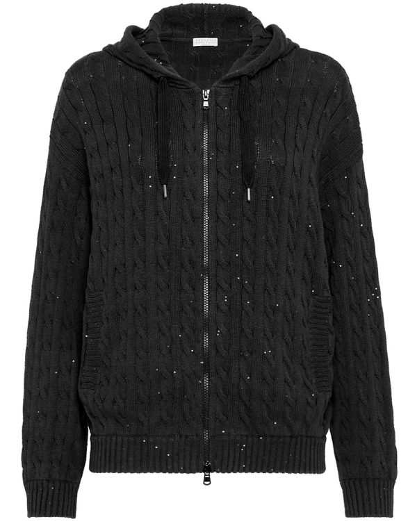 Black Cable Knit Zip Hoodie For Sale