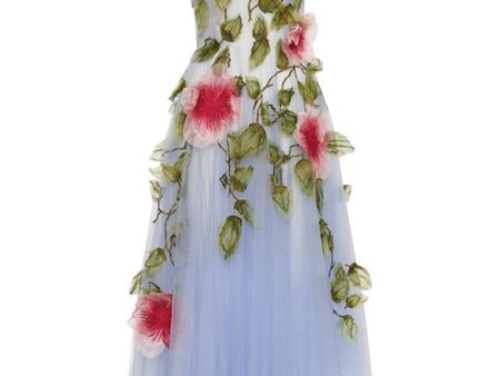 Blue and Pink Hibiscus Embellished Organza Gown Online