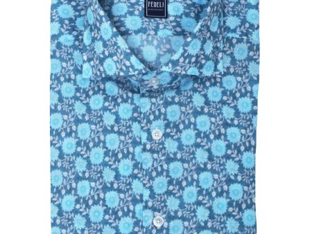 Blue and White Multi Floral Dress Shirt Online now