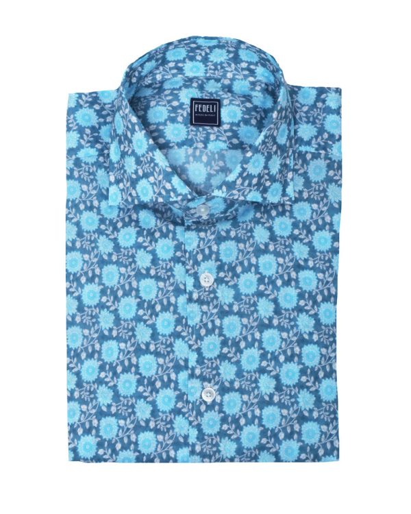 Blue and White Multi Floral Dress Shirt Online now