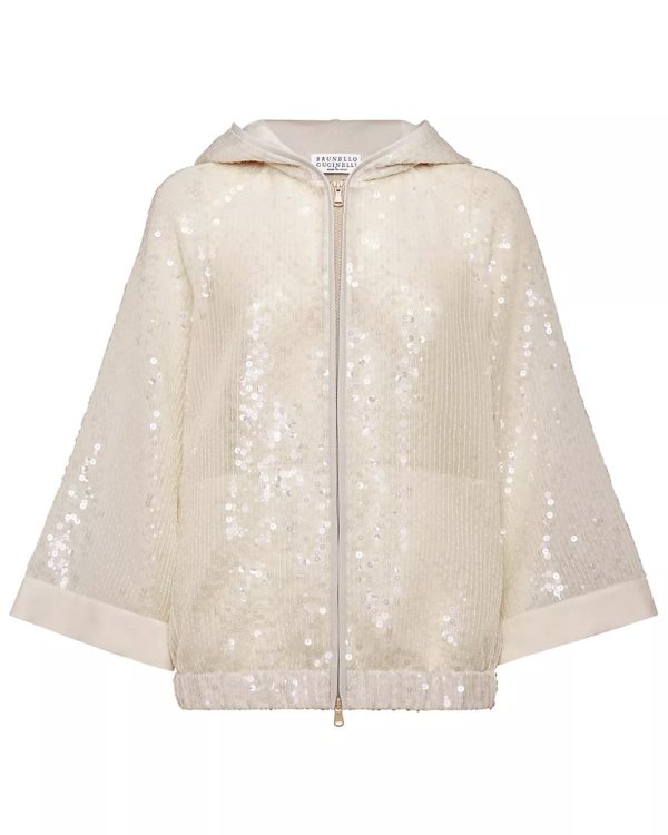 Warm White Sequin Paillette Hooded Jacket Online now