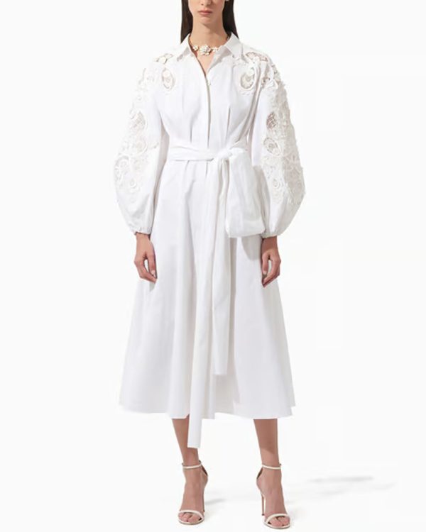 White Embroidered Balloon Sleeve Midi Dress For Cheap