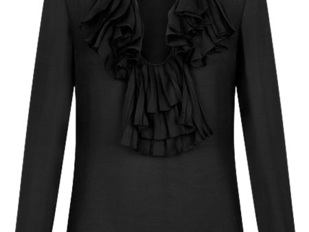 Black Ruffle Placket Silk Blouse For Discount