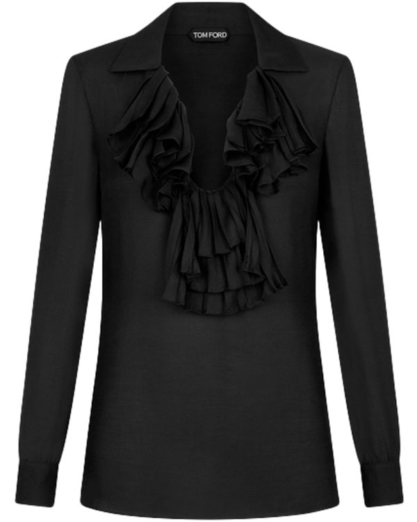 Black Ruffle Placket Silk Blouse For Discount