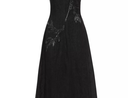 Black Crinkle Magnolia Embellished Midi Dress Fashion