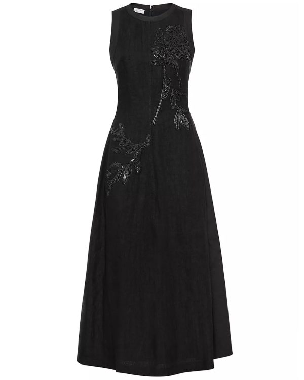 Black Crinkle Magnolia Embellished Midi Dress Fashion