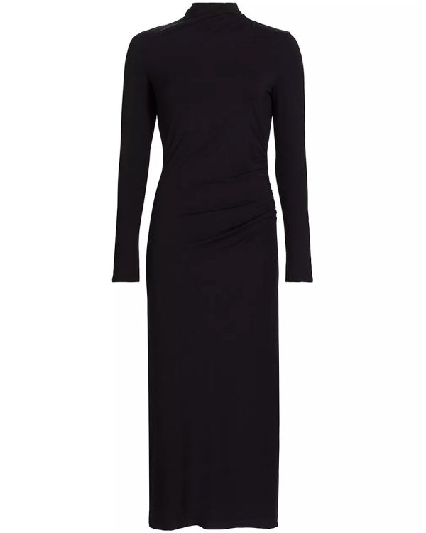 Black Ruched Turtleneck Dress For Sale