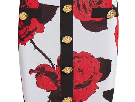 Blanc and Rouge Rose Jacquard Pencil Skirt Supply