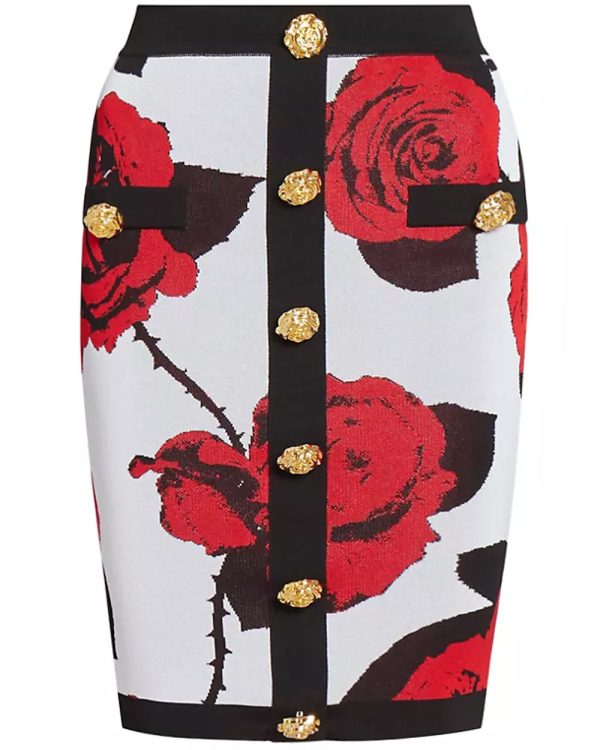 Blanc and Rouge Rose Jacquard Pencil Skirt Supply