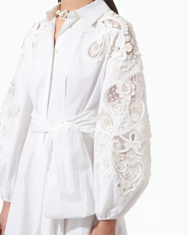 White Embroidered Balloon Sleeve Midi Dress For Cheap