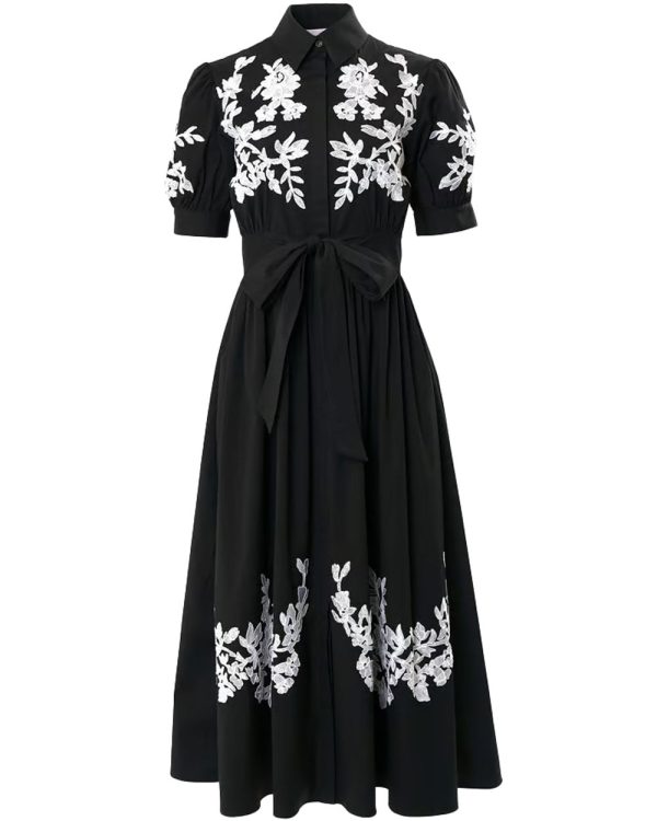 Black and White Embroidered Tie Waist Shirt Dress Sale