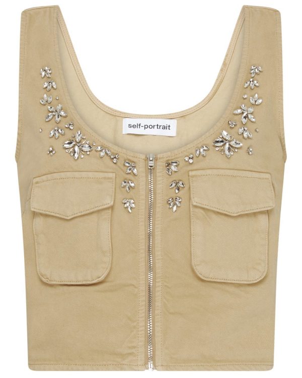 Beige Embellished Denim Cargo Top Supply