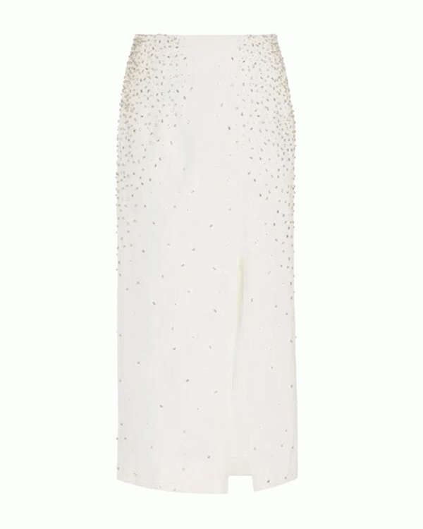 White Ladylike Denim Skirt with Crystal Trickle on Sale