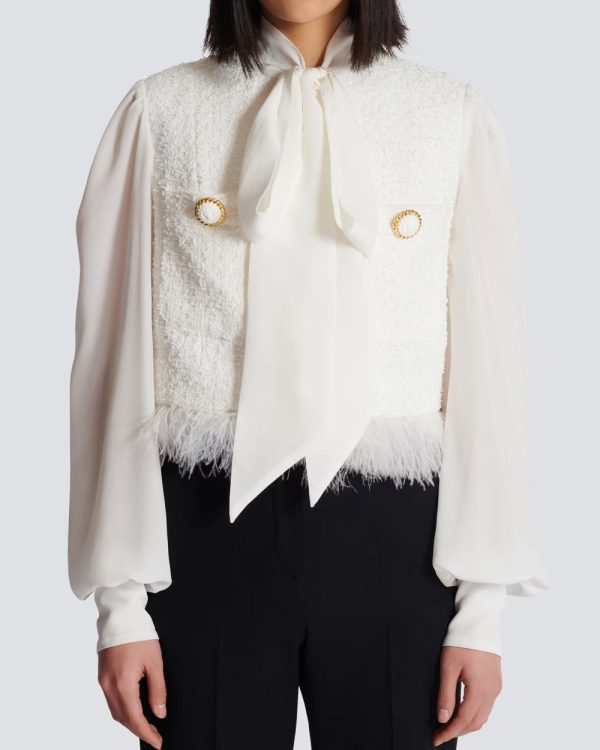 Blanc Fringe Tweed Lavalliere Jacket For Cheap