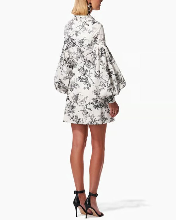 White Botanical Toile Puff Sleeve Shirt Dress Online Hot Sale