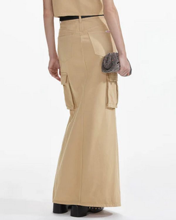 Beige Embellished Cargo Maxi Skirt For Cheap