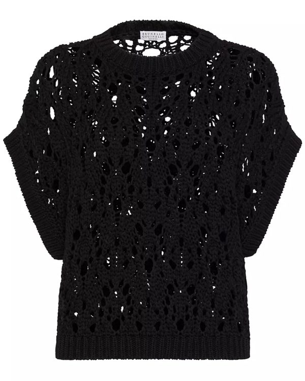 Black Net Knit Capsleeve Top Cheap