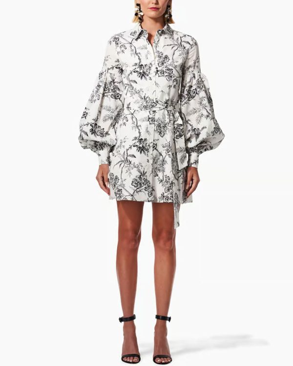 White Botanical Toile Puff Sleeve Shirt Dress Online Hot Sale