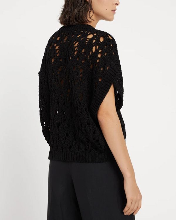 Black Net Knit Capsleeve Top Cheap